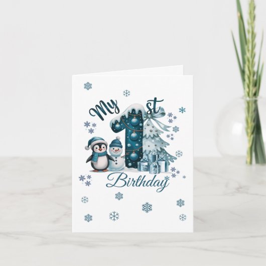 Blauer 1. Geburtstag Weihnachten Einladung (Vorderseite)