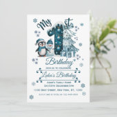 Blauer 1. Geburtstag Weihnachten Einladung (Stehend Vorderseite)