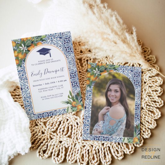 Blauer Abschluss Einladung Foto auf der Rückseite