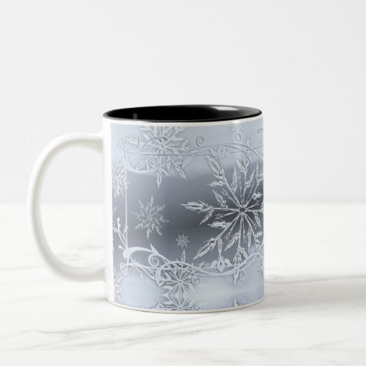 Blauer Abstrakter Schneeflocken Zweifarbige Tasse (Links)