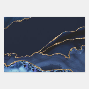 Blauer Achat Gold Glitter Abstrakte Marmor Kunst Geschenkpapier Set