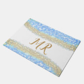 Blauer agate Gold Glitzer funkelnder Monogramm-Nam Fußmatte (Schrägansicht)