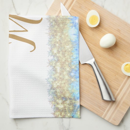 Blauer agate Gold Glitzer funkelnder Monogramm-Nam Geschirrtuch (Viertel Falte)