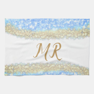 Blauer agate Gold Glitzer funkelnder Monogramm-Nam Geschirrtuch