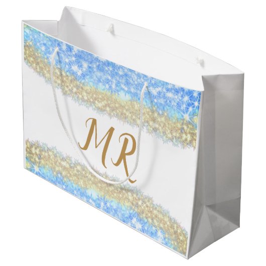 Blauer agate Gold Glitzer funkelnder Monogramm-Nam Große Geschenktüte (Rückseite Schrägansicht)