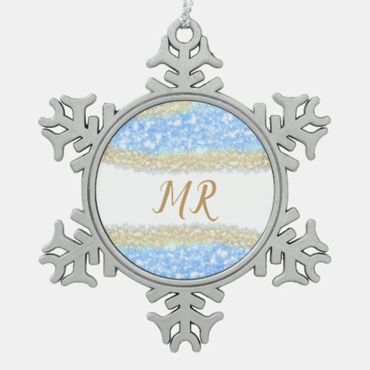 Blauer agate Gold Glitzer funkelnder Monogramm-Nam Schneeflocken Zinn-Ornament (Vorderseite)