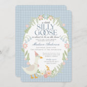 Blauer Albern Gänse Gingham Baby Dusche Einladung (Vorne/Hinten)