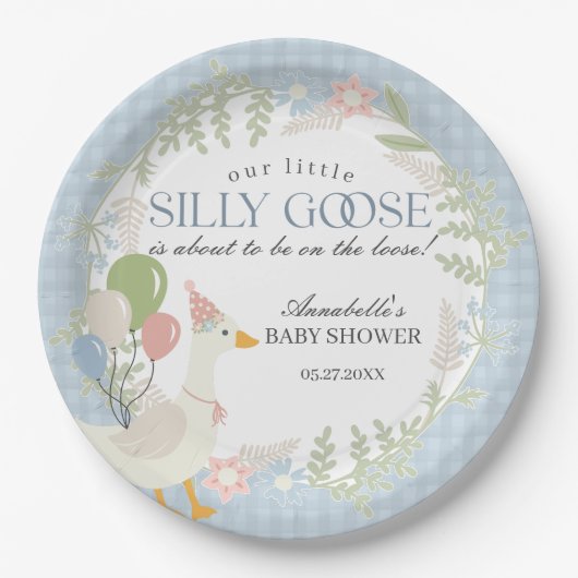 Blauer Albern Gänse Gingham Baby Dusche Pappteller (Vorderseite)