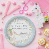 Blauer Alberne Gänse Floral Gingham Birthday Pappteller (Party)