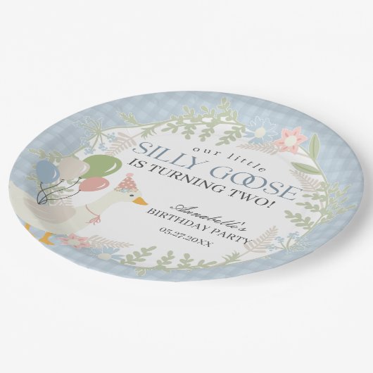 Blauer Alberne Gänse Floral Gingham Birthday Pappteller (Schrägansicht)
