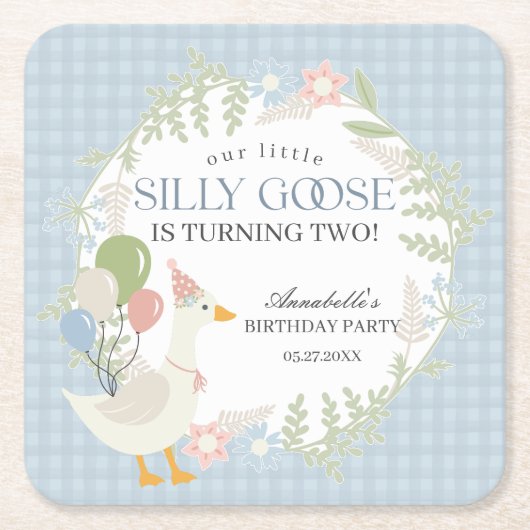 Blauer Alberne Gänse Floral Gingham Birthday Rechteckiger Pappuntersetzer (Vorderseite)