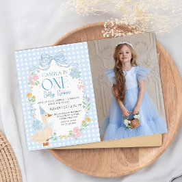 Blauer Alberne Gänse Floral Gingham Erster Geburts Einladung