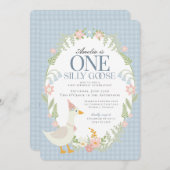 Blauer Alberne Gänse Floral Gingham Erster Geburts Einladung (Vorne/Hinten)