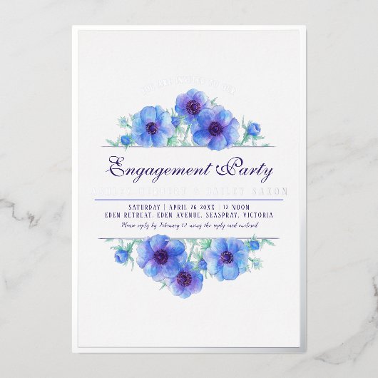 Blauer Anemon Blütenfarbe Verlobung Folieneinladung (Vorderseite)
