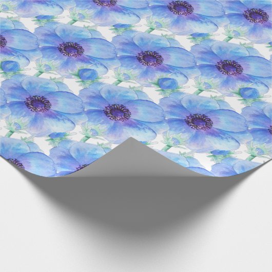 Blauer Anemon botanische Aquarellkunst Geschenkpapier (Ecke)