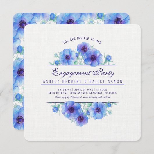 Blauer Anemon Verlobung Einladung (Vorne/Hinten)