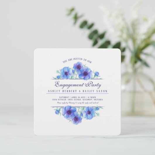 Blauer Anemon Verlobung Einladung (Stehend Vorderseite)