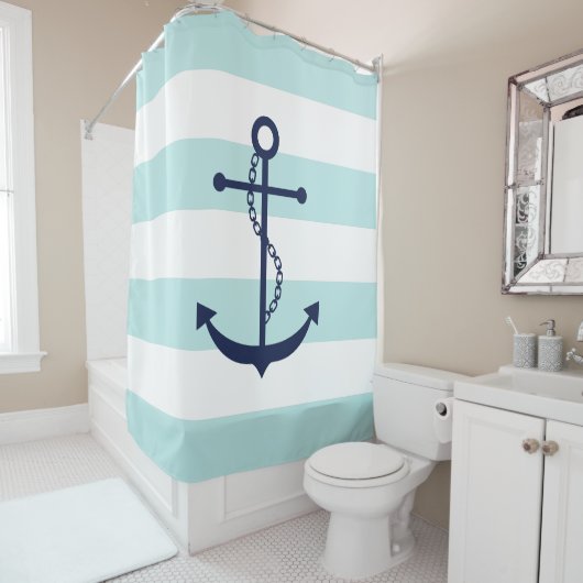 Blauer Anker auf Minzstreifen Duschvorhang (Beispiel)