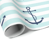 Blauer Anker auf Minzstreifen Geschenkpapier (Rolleneckpunkt)