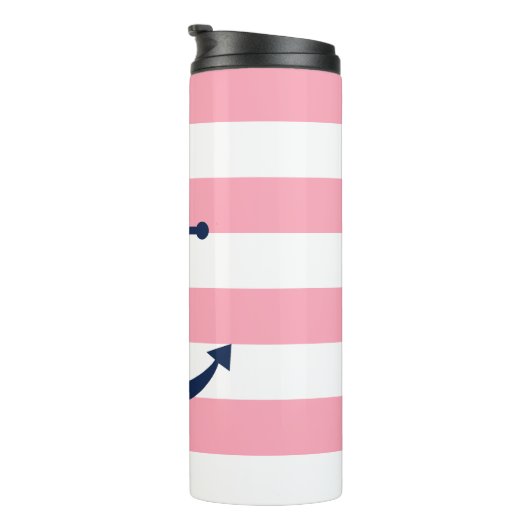 Blauer Anker auf rosa Streifen Thermosbecher (Nach rechts gedreht)
