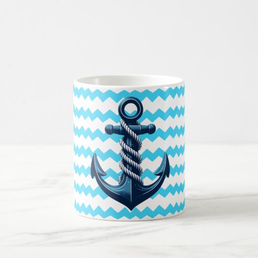 Blauer Anker mit blauen Wellen Kaffeetasse (Mittel)