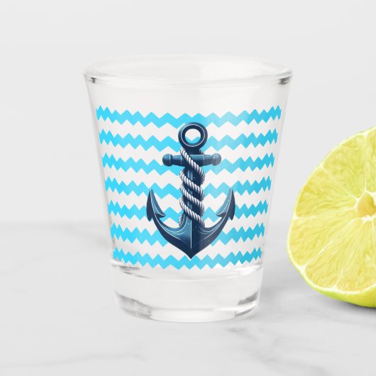 Blauer Anker mit blauen Wellen Schnapsglas (Vorderseite)