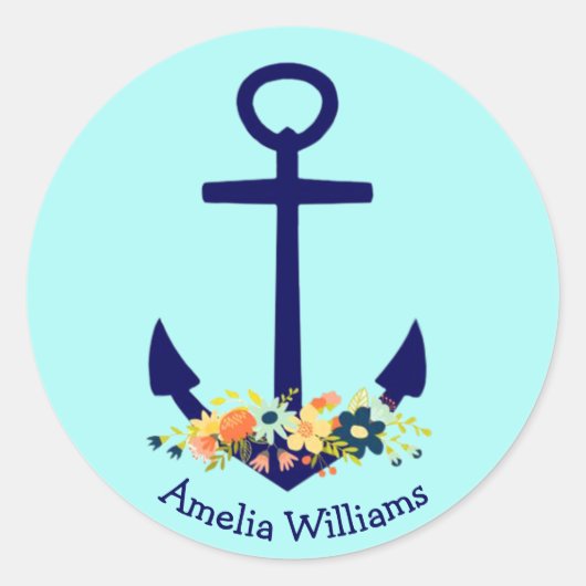 blauer Anker mit Blumenstrauß Runder Aufkleber (Vorderseite)