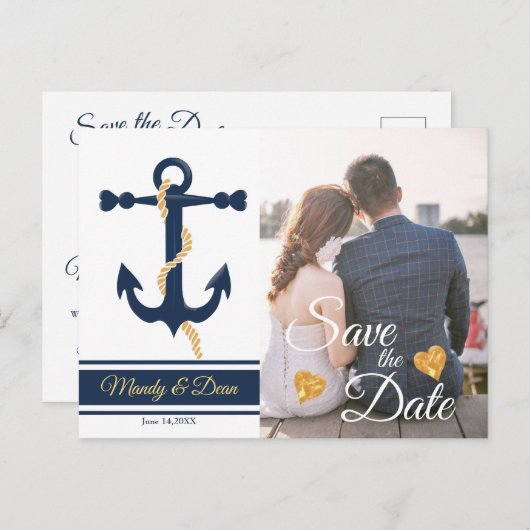 Blauer Anker - nautische Save the Date Postkarte (Vorne/Hinten)