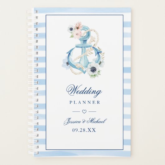 Blauer Anker Wasserfarbe Blaue Streifen Hochzeit Planer (Vorderseite)