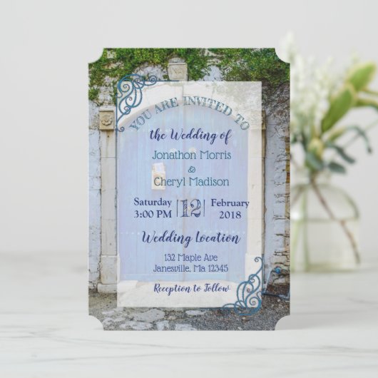 Blauer antiker romantischer Tor Hochzeitsempfang Einladung (Stehend Vorderseite)