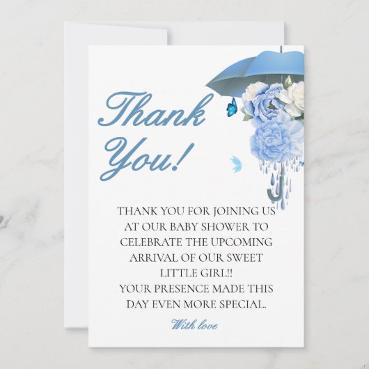 Blauer April Dusche bringt Blume Babydusche Dankeskarte (Vorderseite)