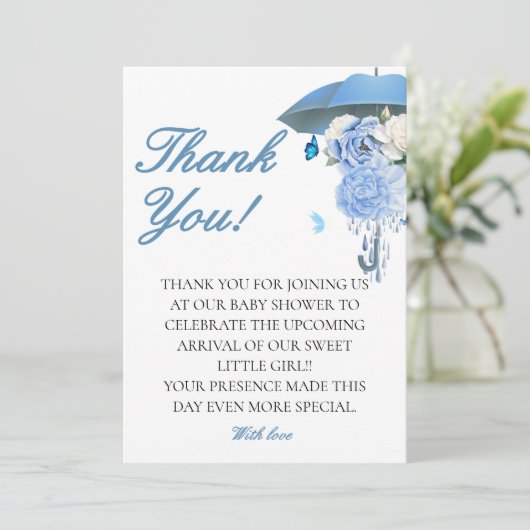 Blauer April Dusche bringt Blume Babydusche Dankeskarte (Stehend Vorderseite)