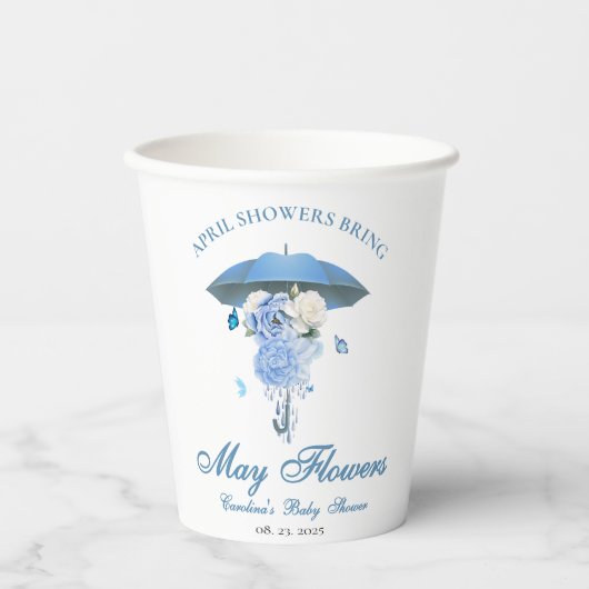 Blauer April Duschen bringen May Blume Babydusche Pappbecher (Vorderseite)