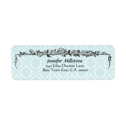 Blauer Aqua Blauer Damask und Blume-Adressetikett (Vorne)