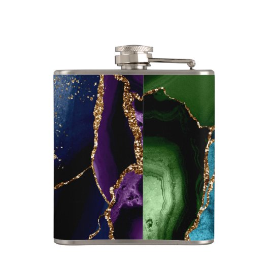 Blauer/Aquamarin/Lila Agate mit Glitzer-Venen Flachmann (Rückseite)