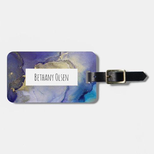 Blauer, Aquamariner, Lila und goldener Alkoholtink Gepäckanhänger (Vorderseite horizontal)