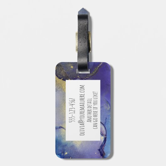 Blauer, Aquamariner, Lila und goldener Alkoholtink Gepäckanhänger (Rückseite vertikal)