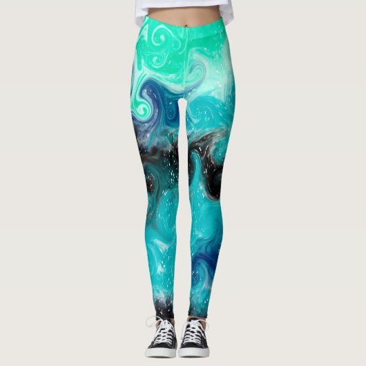 Blauer, Aquamariner und schwarzer Flüssig-Kunstmar Leggings (Vorderseite)