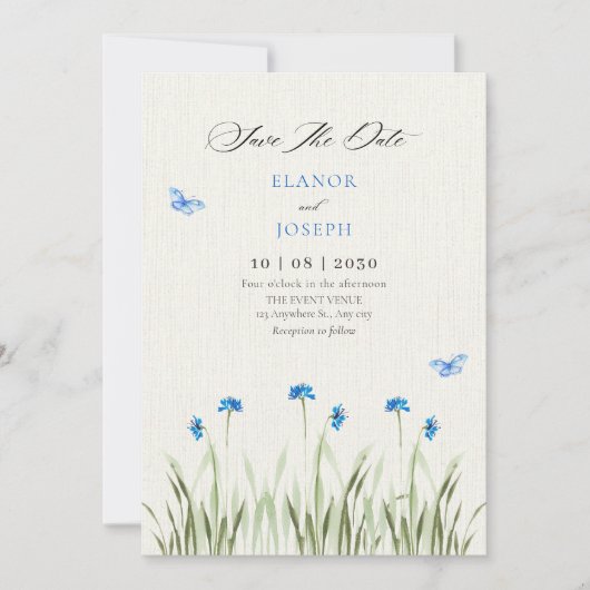 Blauer Aquarell-Blumengarten Save The Date (Vorderseite)