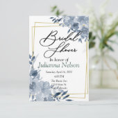 Blauer Aquarell Blütenrahmen und Goldrahmen Einladung (Stehend Vorderseite)