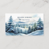 Blauer Aquarell-Winter-Bergwald-Ski-QR-Code Visitenkarte (Vorderseite)