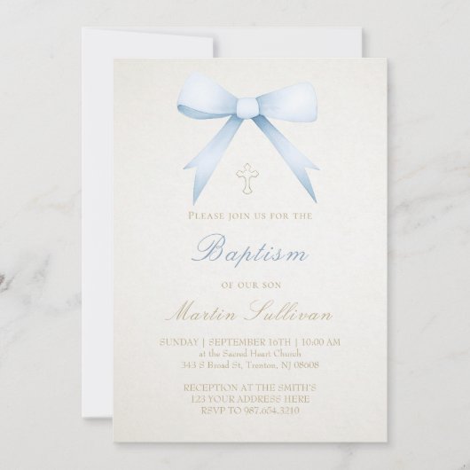 blauer Aquarellbogen auf beigem Hintergrund| Taufe Einladung (Vorderseite)