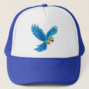 Blauer Ara fliegt Truckerkappe