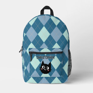 Blauer Argyle, personalisierte schwarze Katze Bedruckter Rucksack