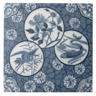 Blauer Ästhetik Japanischer Kranfisch Floral Repr Fliese