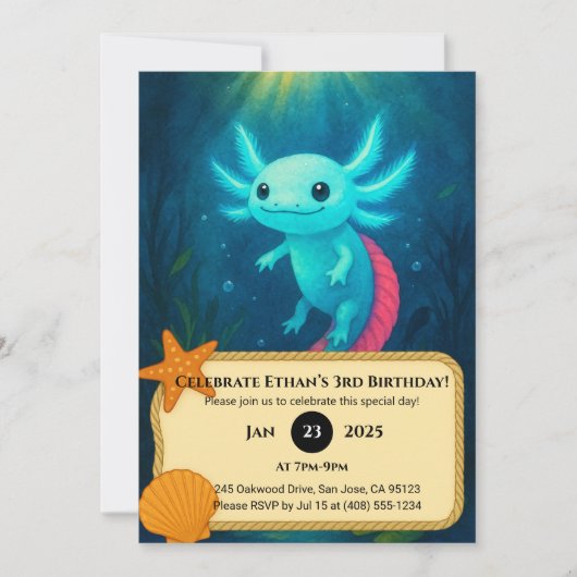 Blauer Axolotl mit rotem Schwanz in Lotus Birthday Einladung (Vorderseite)
