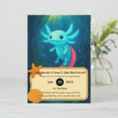 Blauer Axolotl mit rotem Schwanz in Lotus Birthday Einladung (Stehend Vorderseite)