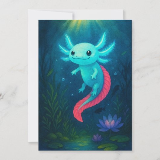 Blauer Axolotl mit rotem Schwanz in Lotus Birthday Einladung (Rückseite)
