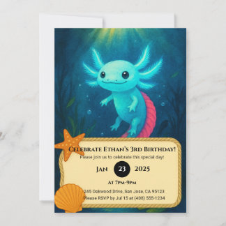 Blauer Axolotl mit rotem Schwanz in Lotus Birthday Einladung