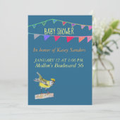 Blauer Baby-Dusche "Bird and Flags" - Einladung (Stehend Vorderseite)